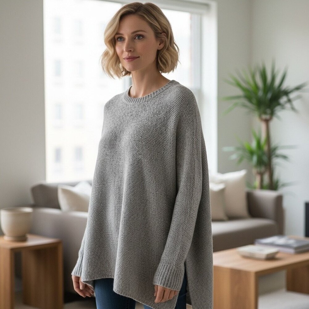 Eileen Fisher Heathered Ash Gray Wool Alpaca Asymmetrical Sweater Size XL